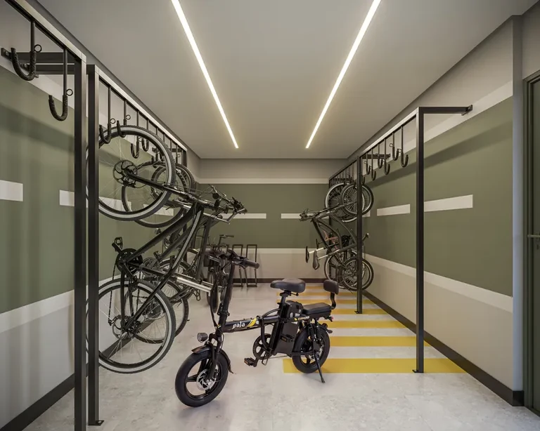 Perspectiva artística do bicicletário incluído na infraestrutura comum do empreendimento.