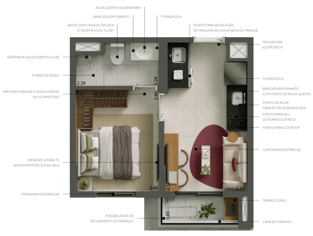 Planta das tipologias C e G, 25 e 26 m², 1 dormitório, do Alves Pinheiros