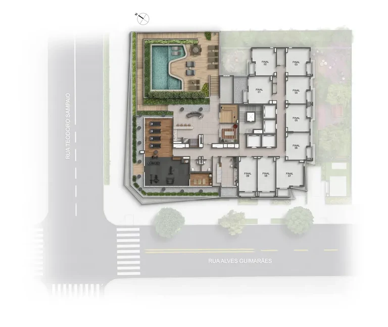 Planta ilustrativa da implantação do 2º pavimento, com lazer e unidades residenciais.
