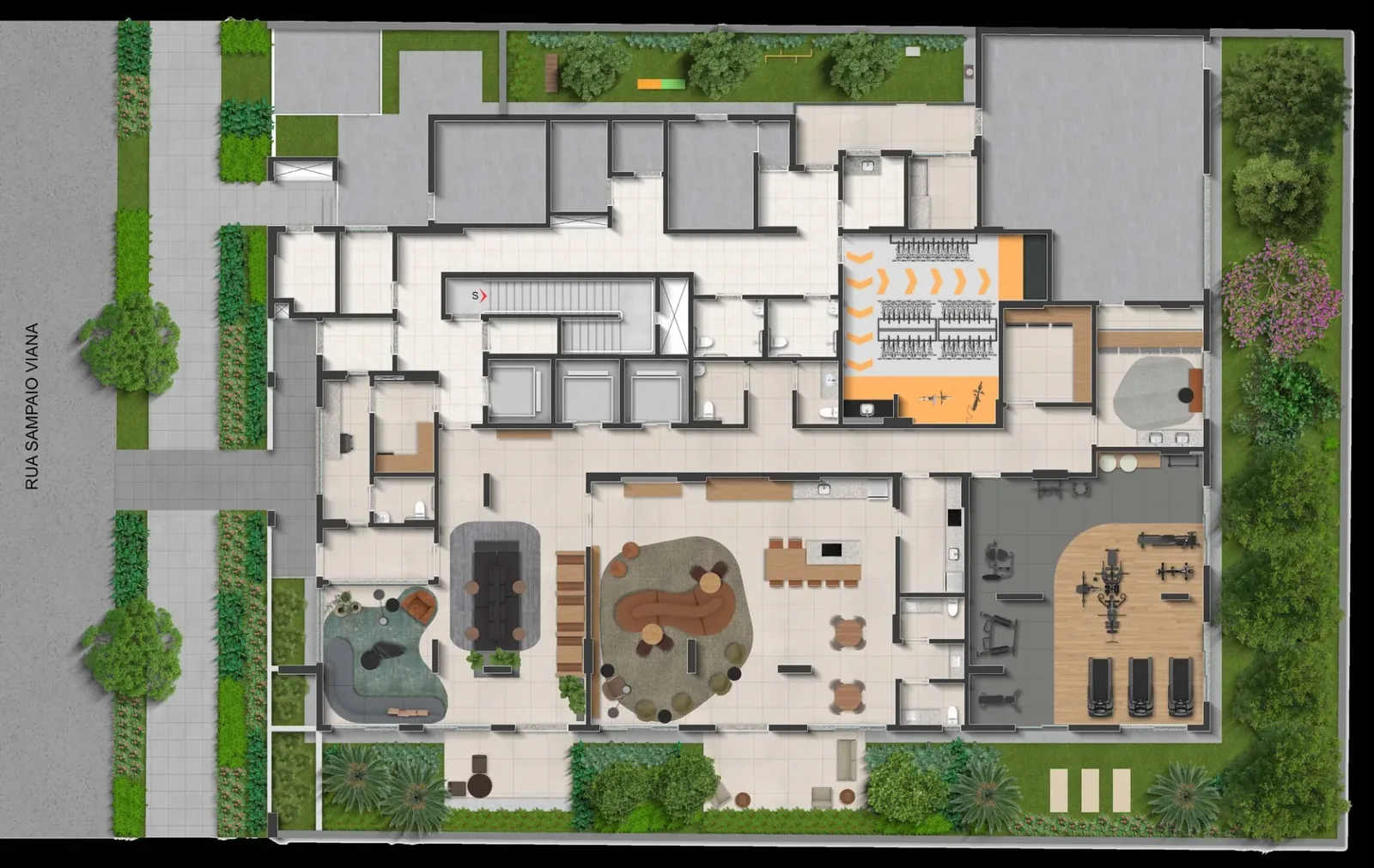 Planta de implantação do térreo do Sync Ibirapuera, com portaria, lobby, coworking, salão de festas, fitness e serviços