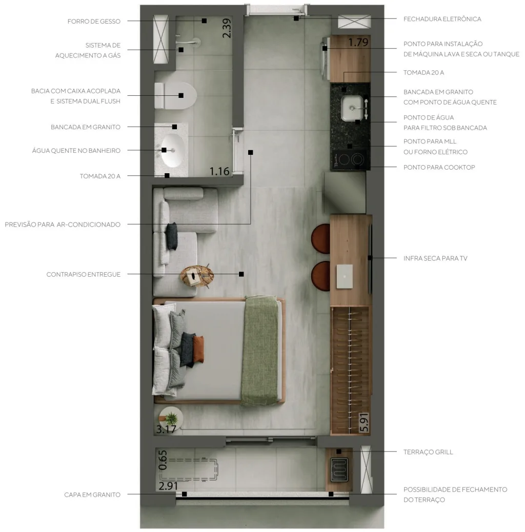 Planta das tipologias E e F, 24 e 25 m², studio, do Alves Pinheiros