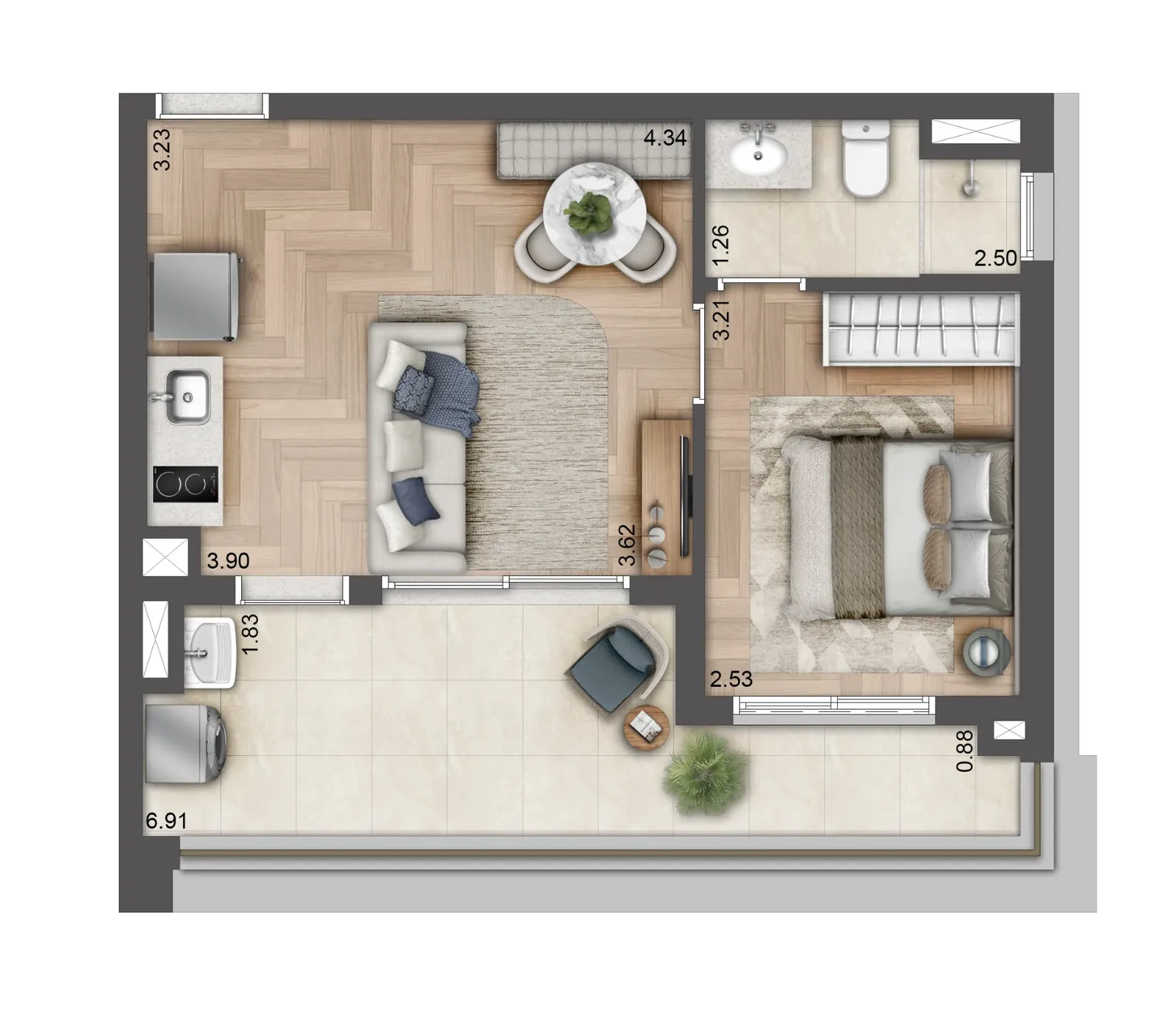 Planta 1 dormitório de 43 m² — final 14A do T.O.M. Paraíso, da Lavvi, na Rua Desembargador Eliseu Guilherme, 390, Paraíso, São Paulo.