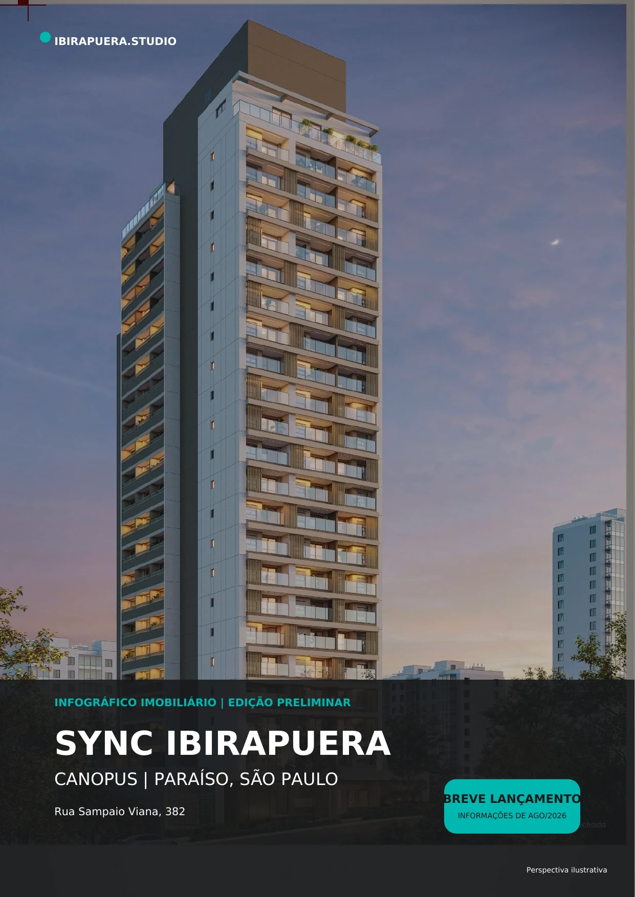 Prévia da primeira página do infográfico do Sync Ibirapuera, com a fachada da torre da Canopus na Rua Sampaio Viana, 382, no Paraíso.