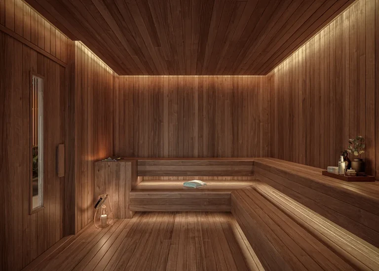 Perspectiva artística da sauna seca incluída entre os espaços de lazer do empreendimento.