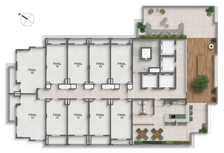 Planta ilustrativa da implantação do rooftop previsto no conjunto de lazer do empreendimento.