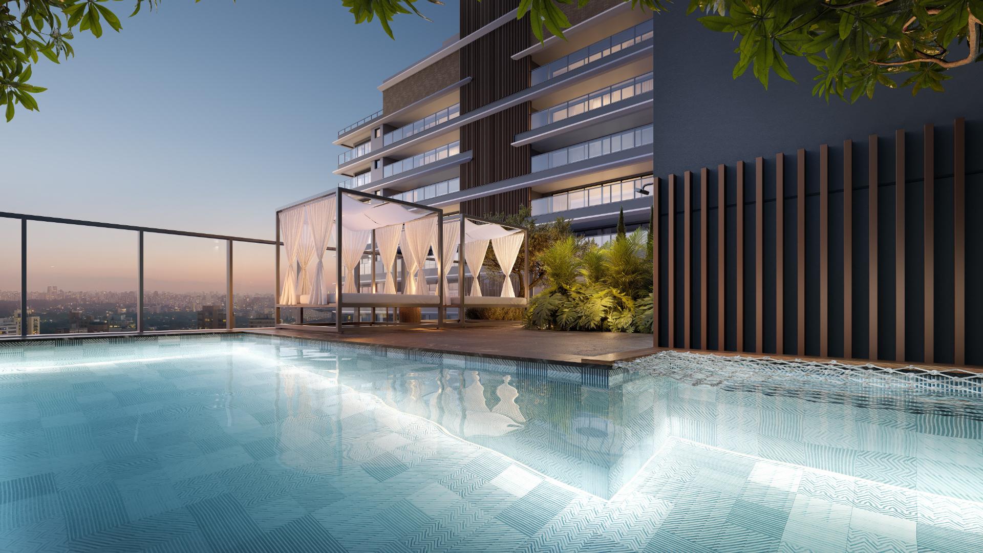 Perspectiva artística da piscina do Casa Piauí Studios em Higienópolis