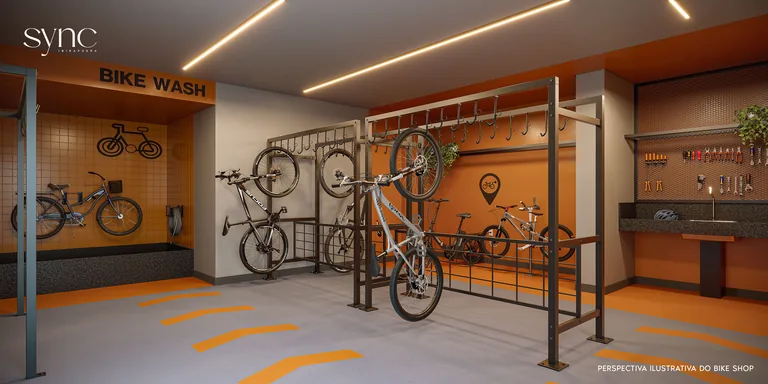 Perspectiva ilustrativa da bike station do Sync Ibirapuera, no térreo