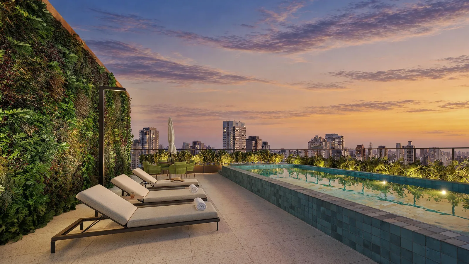 Piscina no rooftop do Nex One Galeria Jardins, da One Innovation, com vista para os Jardins - perspectiva ilustrada
