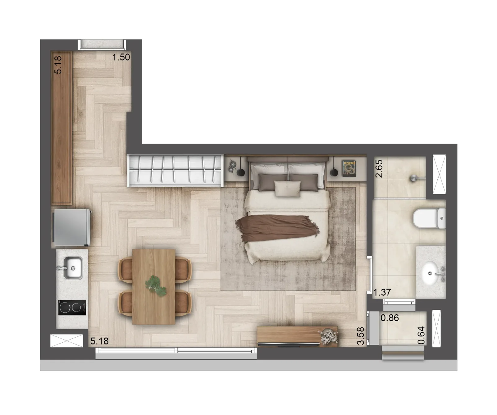 Planta Studio de 33 m² — final 13A do T.O.M. Paraíso, da Lavvi, na Rua Desembargador Eliseu Guilherme, 390, Paraíso, São Paulo.