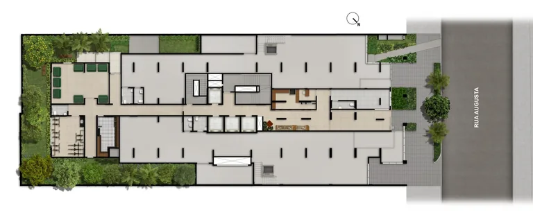 Implantação do térreo do Nex One Galeria Jardins com portaria, lobby, delivery, mini market, bicicletário, pet place e duas lojas