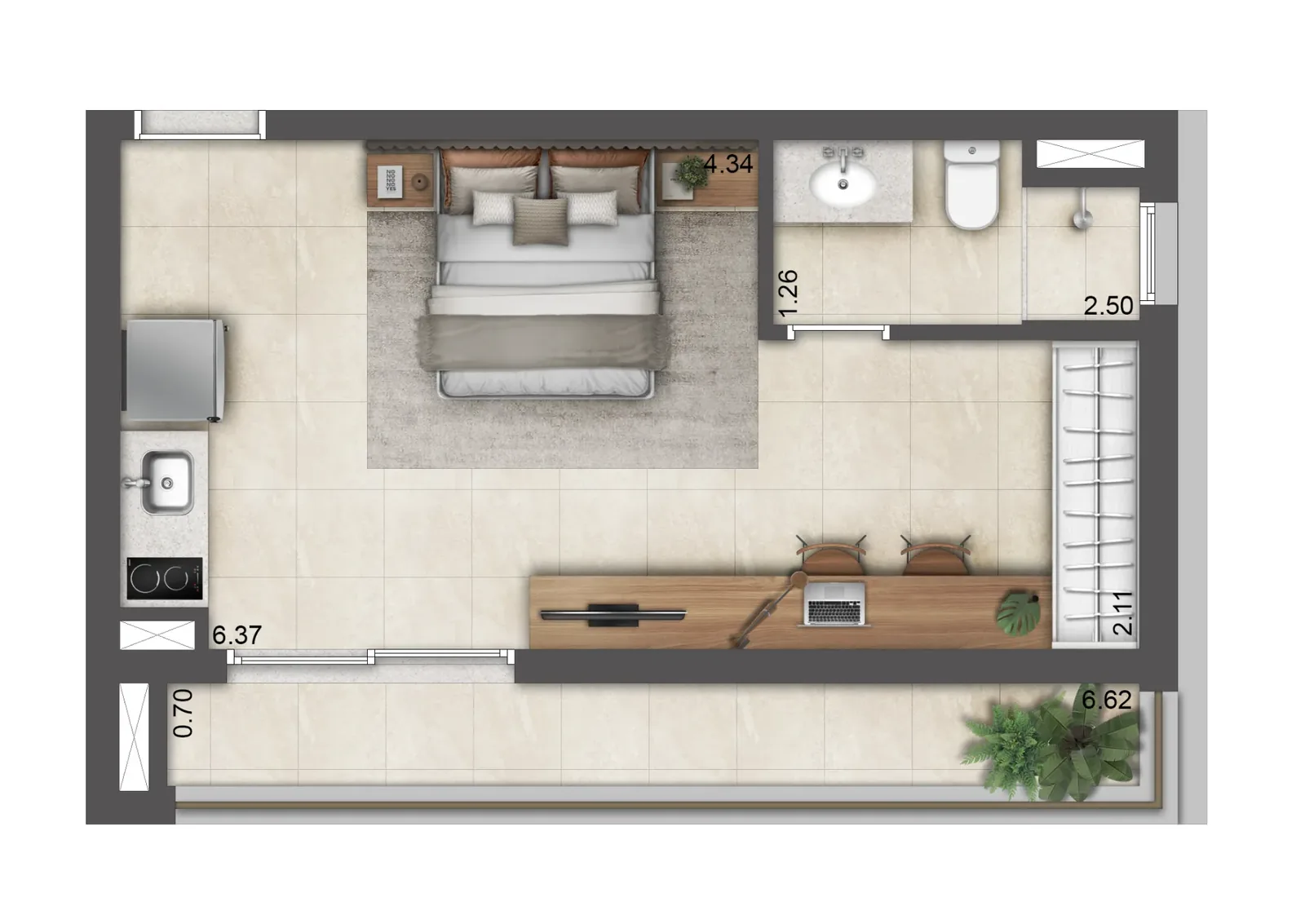 Planta Studio de 35 m² — final 14A do T.O.M. Paraíso, da Lavvi, na Rua Desembargador Eliseu Guilherme, 390, Paraíso, São Paulo.