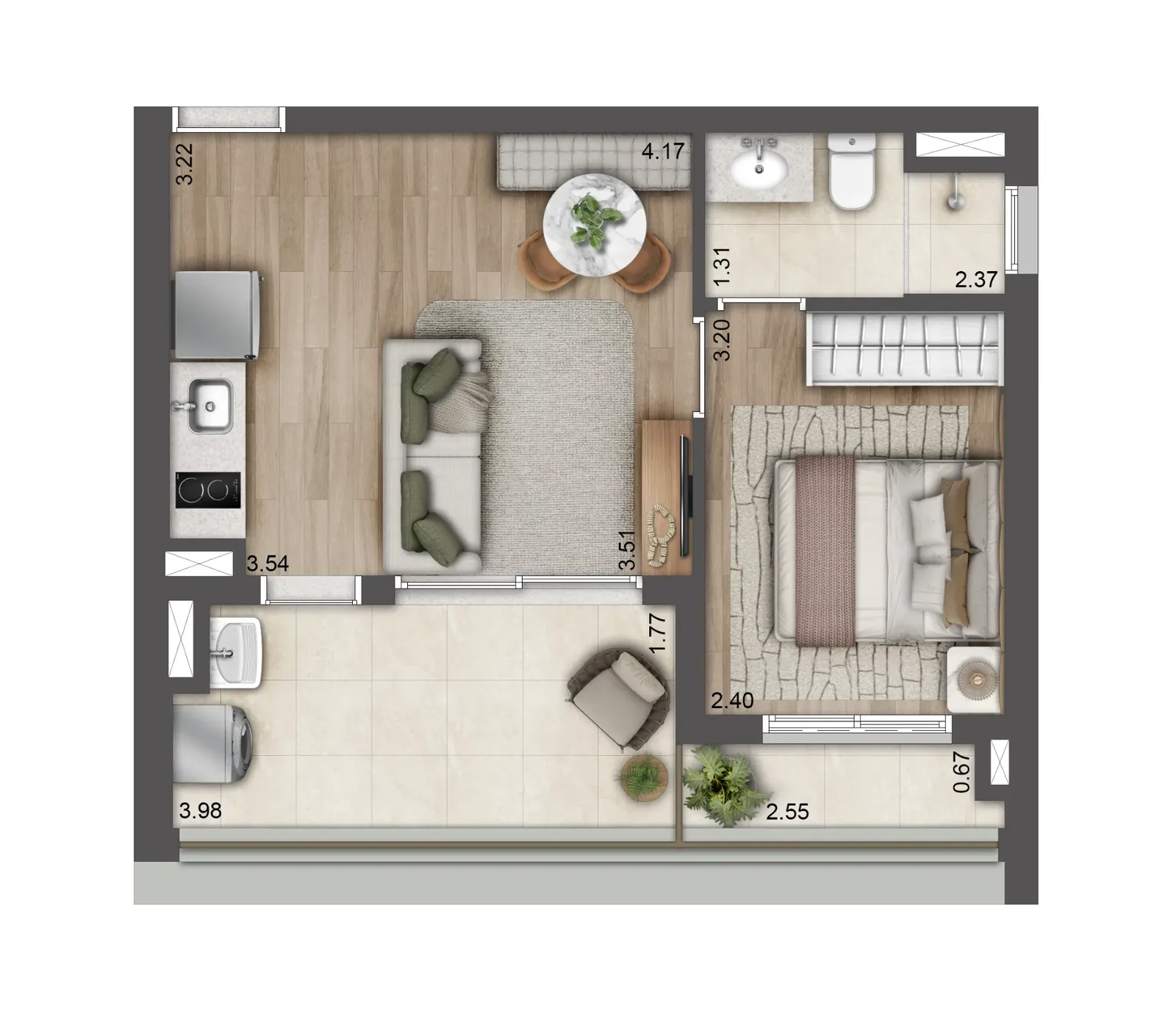 Planta 1 dormitório de 40 m² — final 1B do T.O.M. Paraíso, da Lavvi, na Rua Desembargador Eliseu Guilherme, 390, Paraíso, São Paulo.