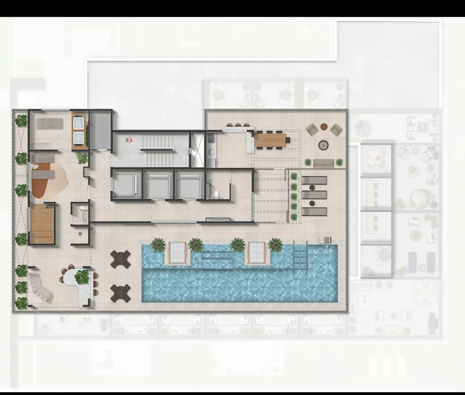 Planta de implantação do 22º pavimento do Sync Ibirapuera, com piscina, solário, spa, sauna e lounge bar