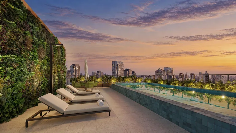 Piscina no rooftop do Nex One Galeria Jardins, da One Innovation, com vista para os Jardins - perspectiva ilustrada