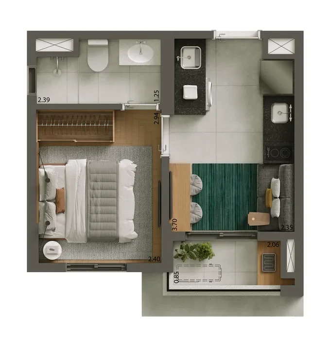 Planta ilustrativa da tipologia B, com aprox. 24 m² e um dormitório, do empreendimento.