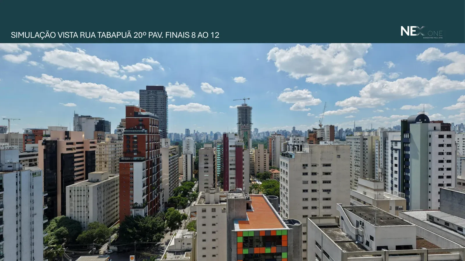 Simulação de vista do Nex One Bandeira Paulista para a Rua Tabapuã, no 20º pavimento.
