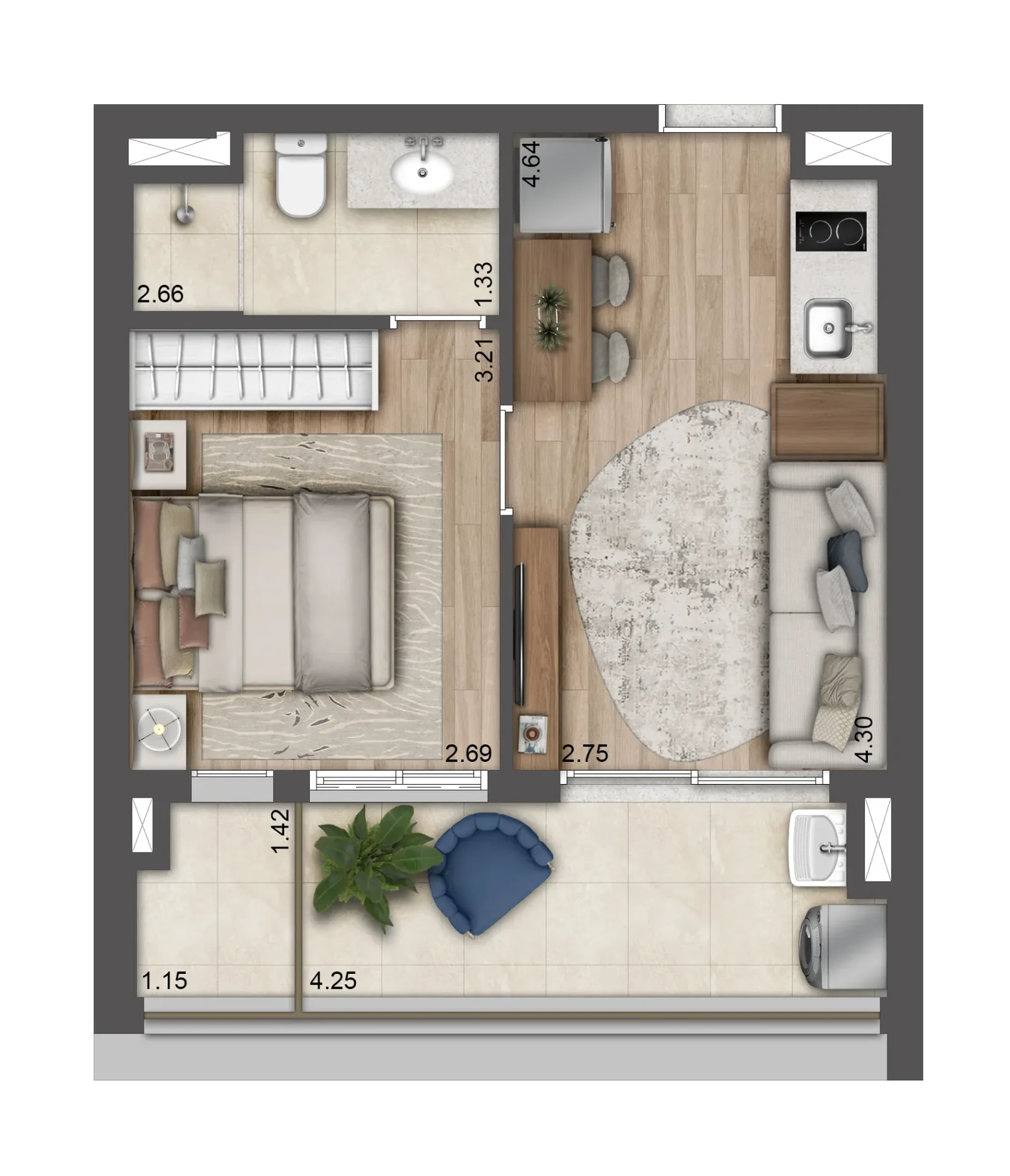 Planta 1 dormitório de 38 m² — final 15A do T.O.M. Paraíso, da Lavvi, na Rua Desembargador Eliseu Guilherme, 390, Paraíso, São Paulo.