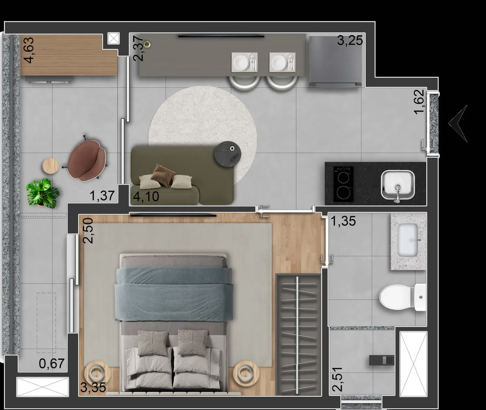 Planta do apartamento de 1 dormitório de 30,33 m² do Sync Ibirapuera, final 3