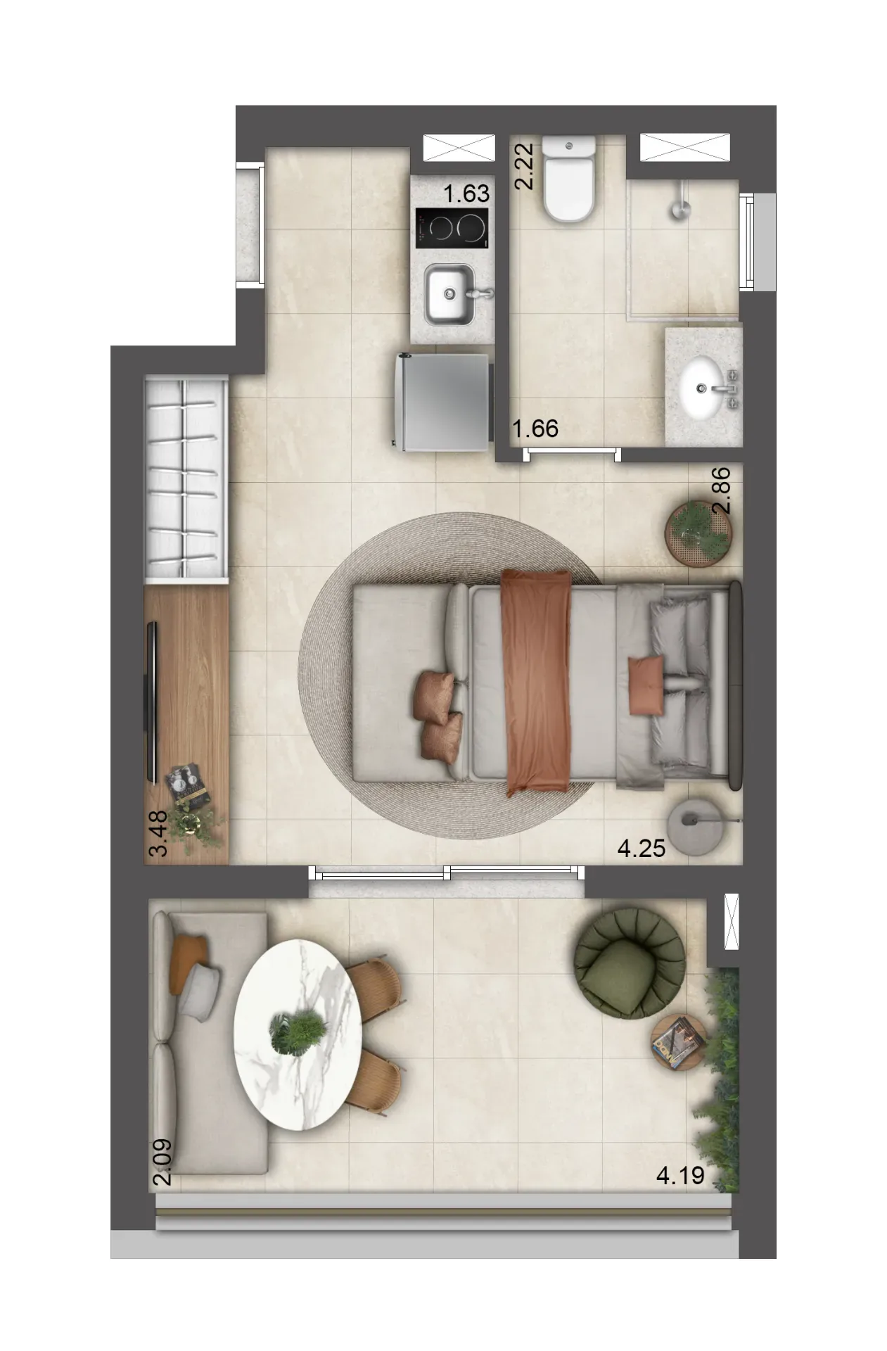 Planta Studio de 34 m² — final 16B do T.O.M. Paraíso, da Lavvi, na Rua Desembargador Eliseu Guilherme, 390, Paraíso, São Paulo.
