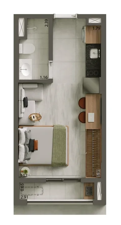 Planta ilustrativa de unidade com área aproximada de 24 m² apresentada no material do empreendimento.