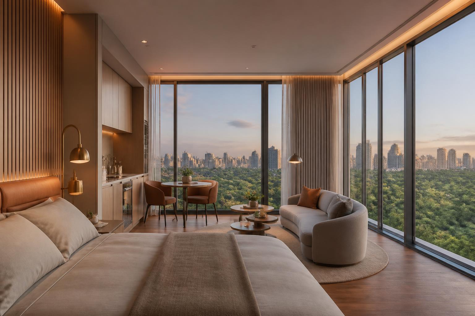 Render referencial de interior de studio premium com vista para o parque