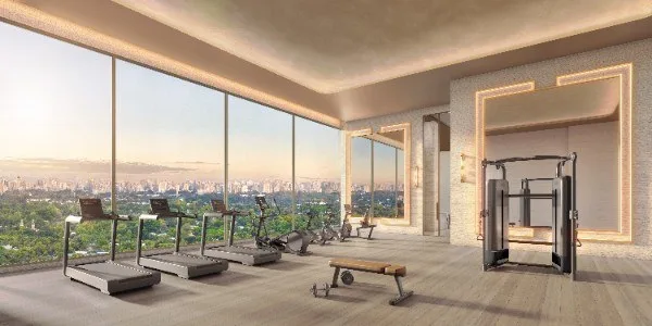 Perspectiva ilustrada do fitness do Giardino Apartments, da Cyrela, em Pinheiros