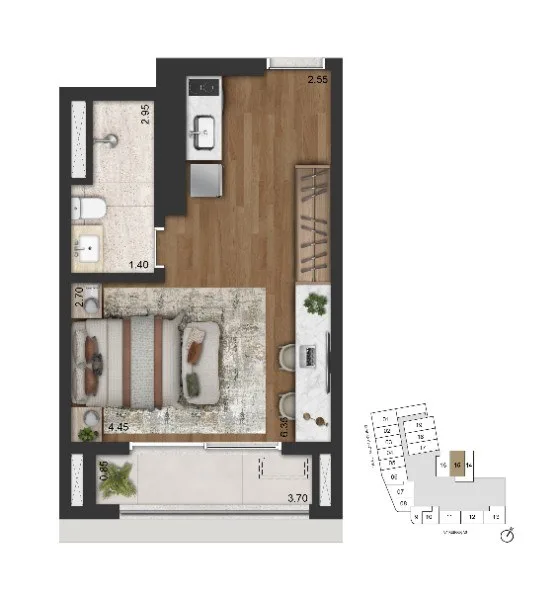 Planta do studio HMP final 15 do Giardino Apartments, da Cyrela, em Pinheiros