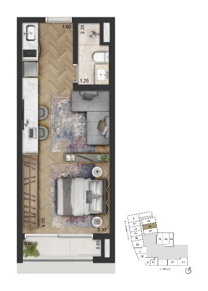 Planta do studio HMP final 18 do Giardino Apartments, da Cyrela, em Pinheiros