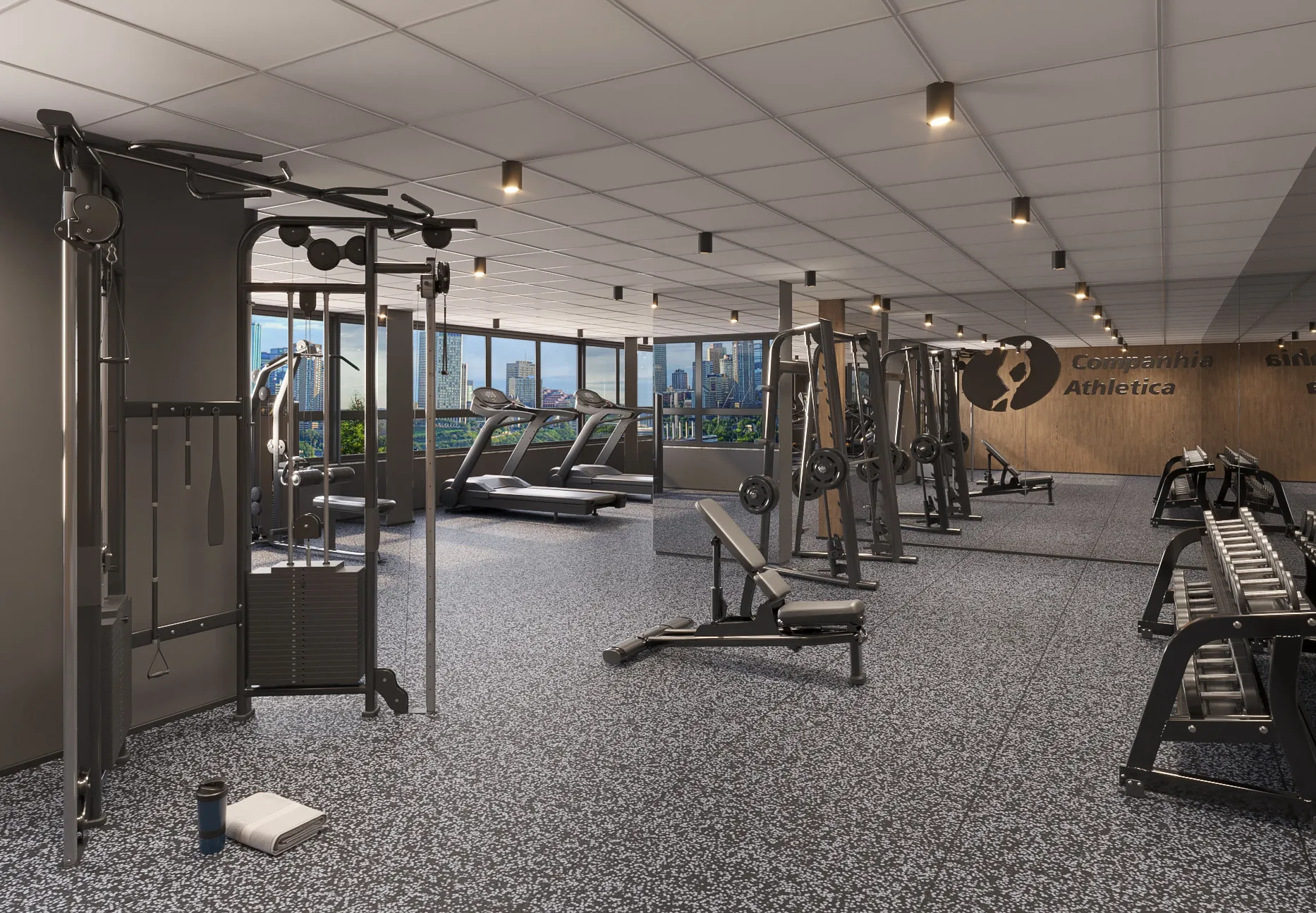 Vista geral da academia com equipamentos de musculação e pesos livres