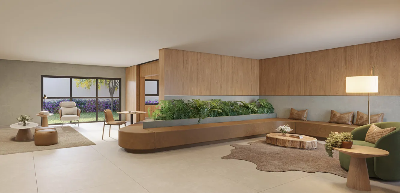 Lounge de recepção do Sarutaiá 45 Jardins, com sofás de couro e painéis de madeira