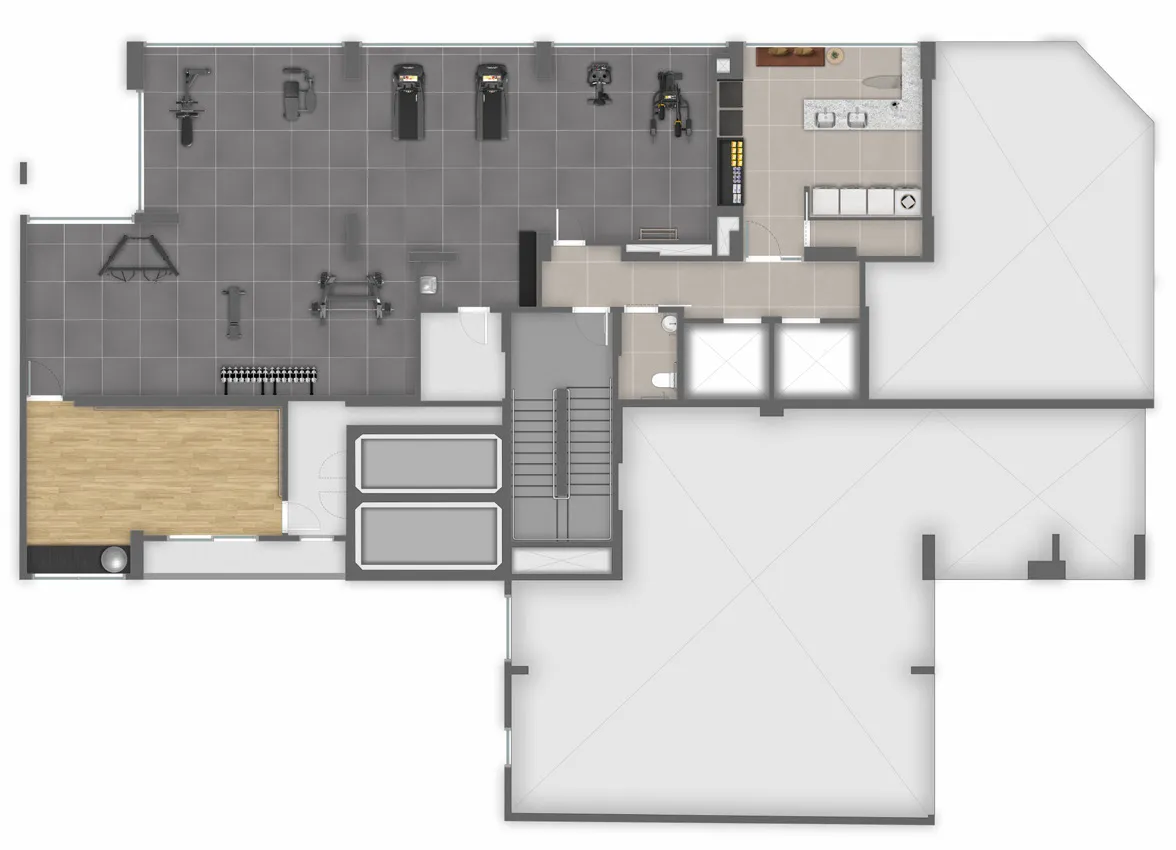Planta humanizada do 1º pavimento, com academia, sala multiuso e lavanderia