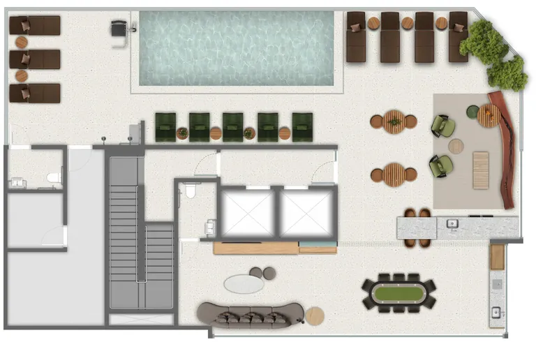 Planta humanizada do rooftop no 25º pavimento, com piscina, solarium e pool bar