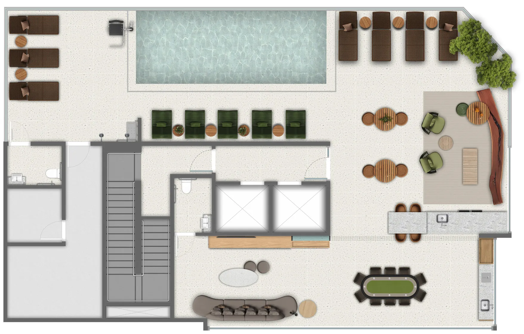 Planta humanizada do rooftop no 25º pavimento, com piscina, solarium e pool bar