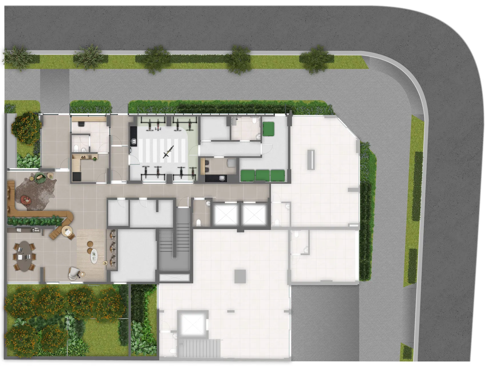 Planta humanizada do térreo do Sarutaiá 45 Jardins, com portaria, lojas e coworking