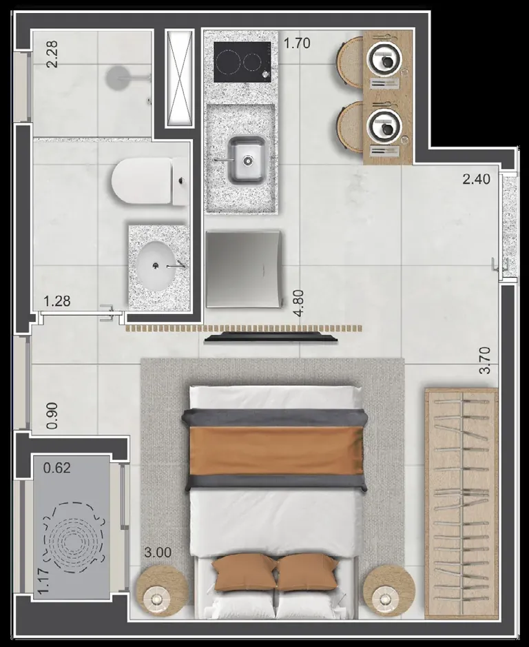 Planta do studio de 19 m² do Sarutaiá 45 Jardins, final 11
