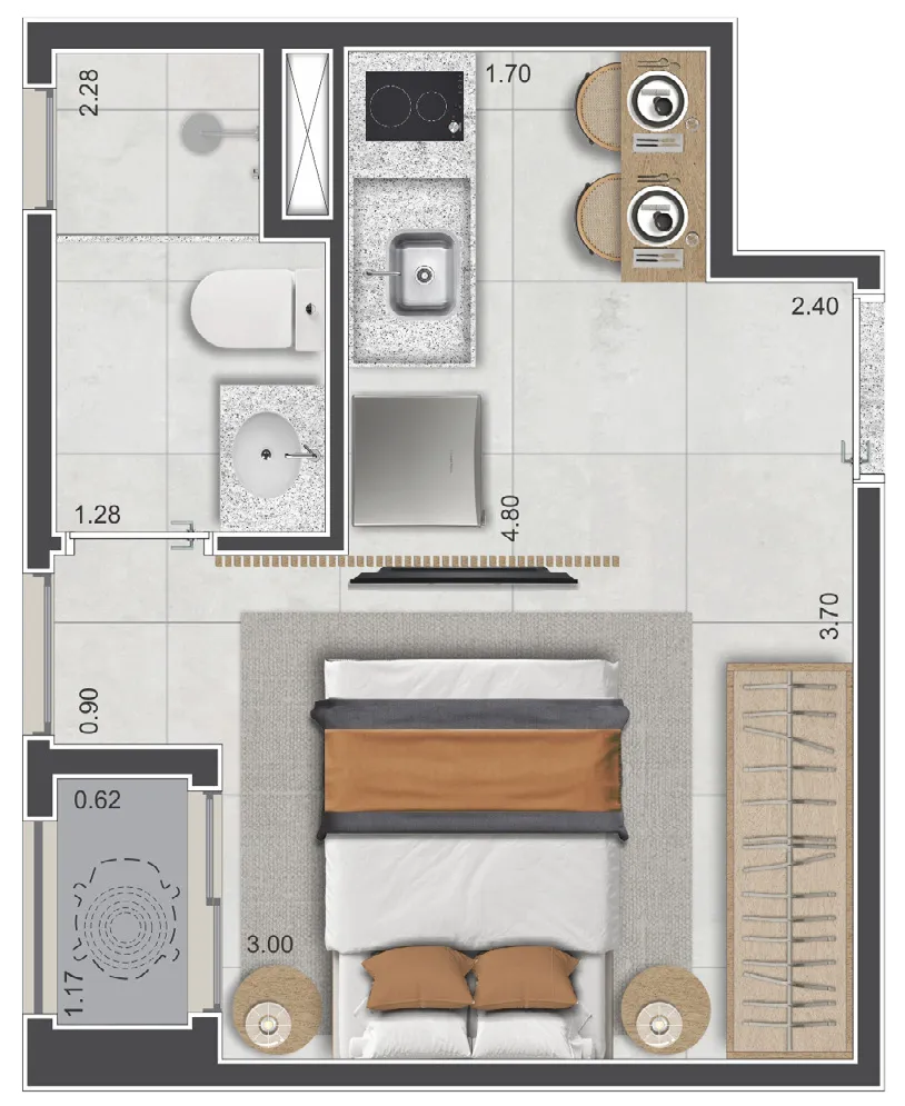 Planta do studio de 19 m² do Sarutaiá 45 Jardins, final 11