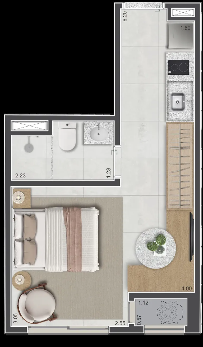Planta do studio HIS-2 de 24 m² do Sarutaiá 45 Jardins, final 7