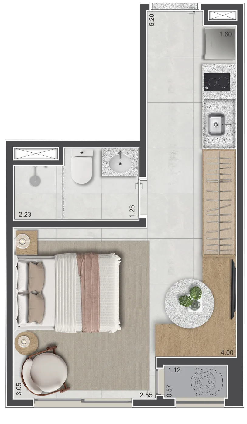 Planta do studio HIS-2 de 24 m² do Sarutaiá 45 Jardins, final 7