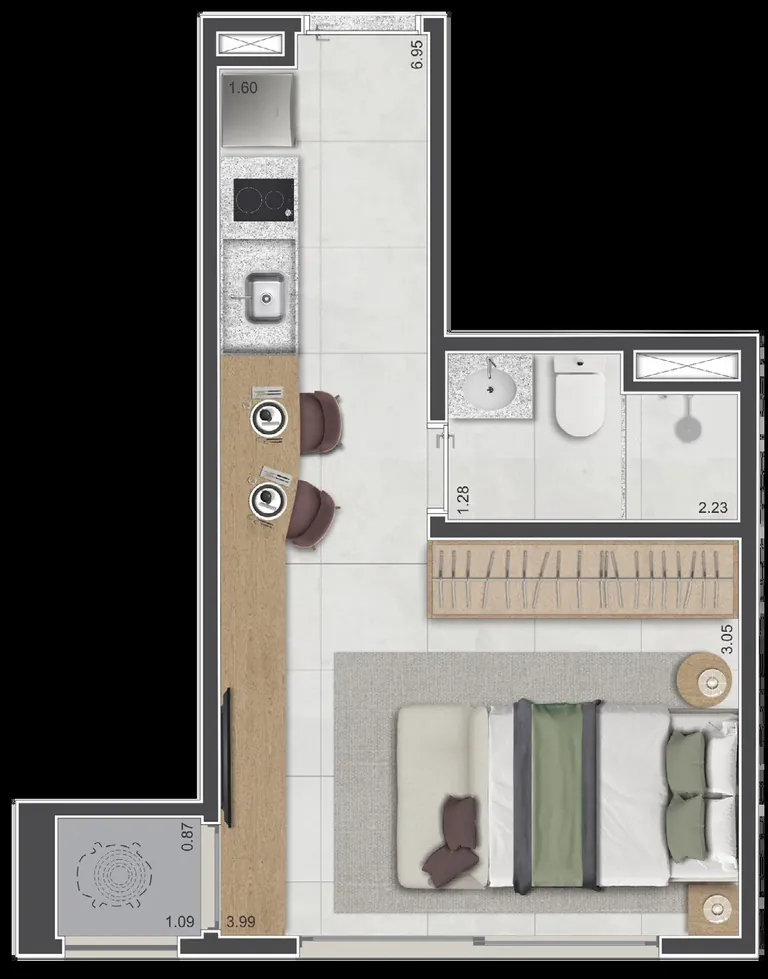 Planta do studio HIS-2 de 26 m² do Sarutaiá 45 Jardins, final 8