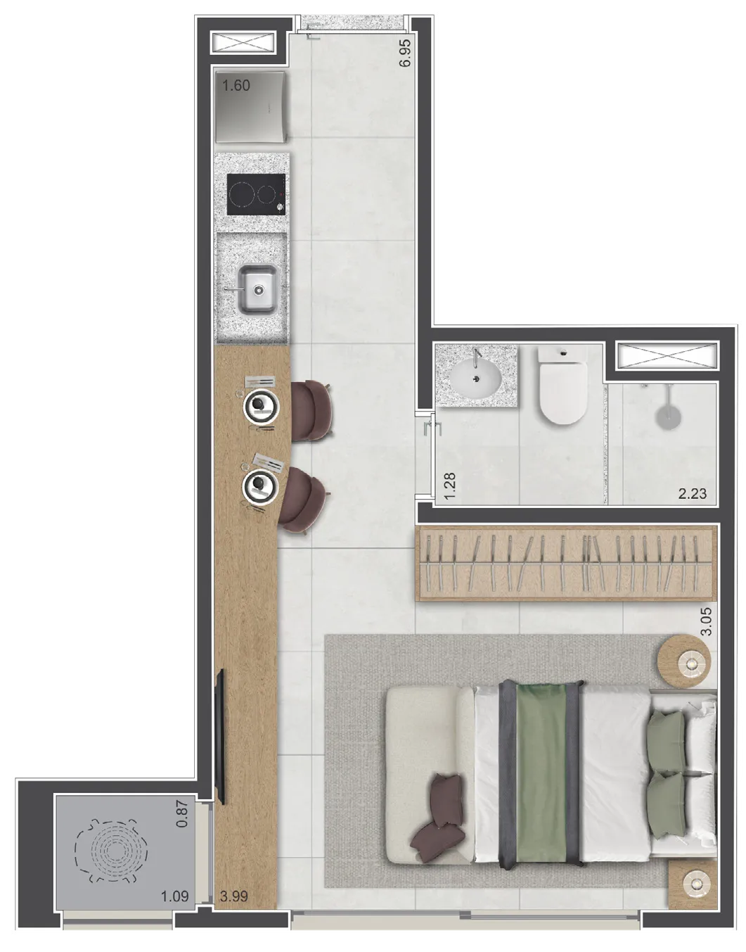 Planta do studio HIS-2 de 26 m² do Sarutaiá 45 Jardins, final 8