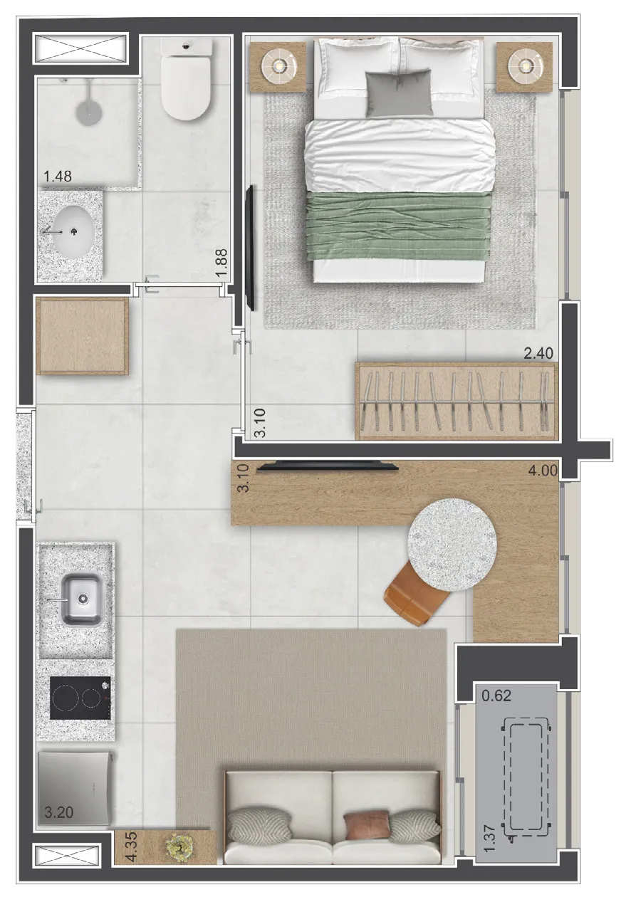 Planta do apartamento de 27 m² do Sarutaiá 45 Jardins, final 5