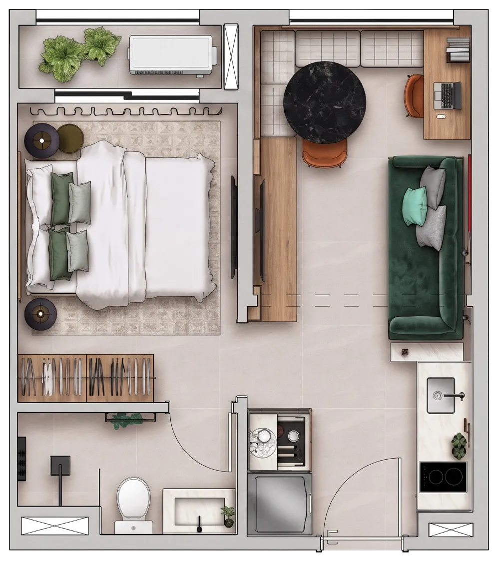 Planta do apartamento de 29 m² do Sarutaiá 45 Jardins, finais 1, 2 e 3