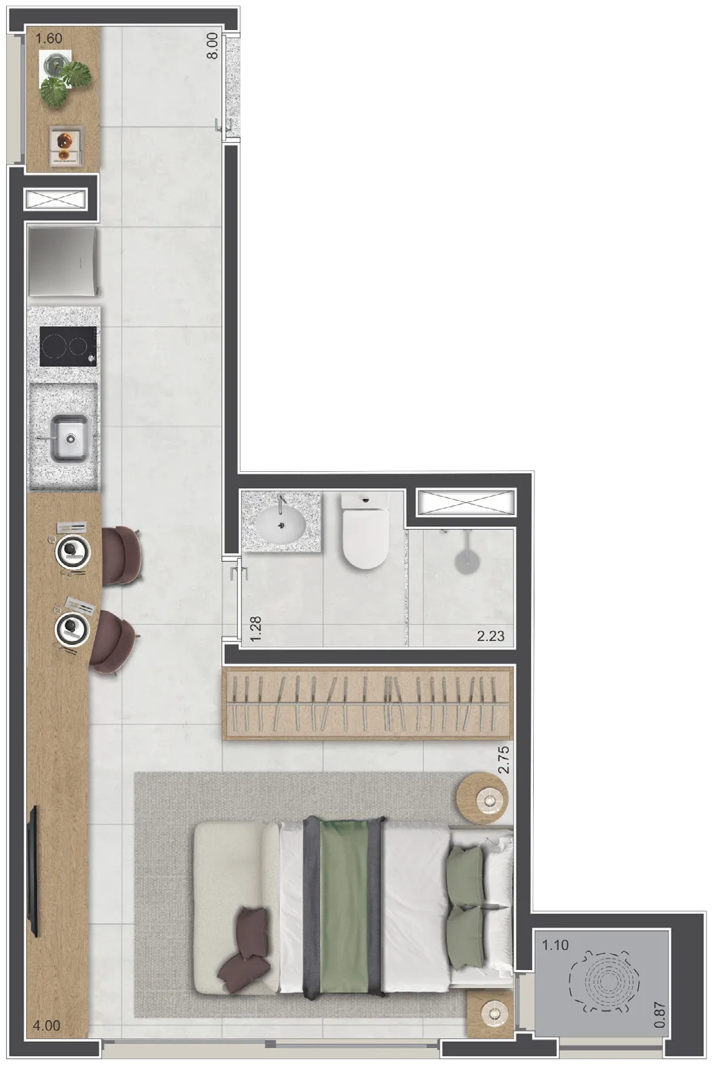 Planta do apartamento HMP de 29 m² do Sarutaiá 45 Jardins, final 9