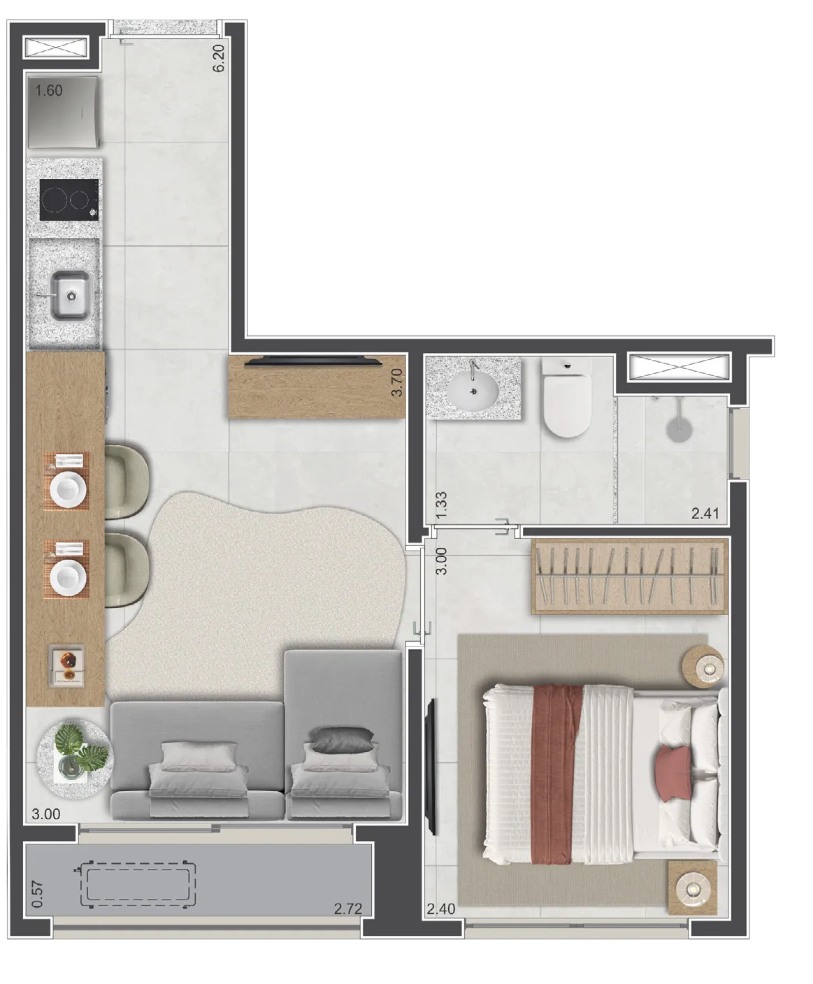 Planta do apartamento de 31 m² do Sarutaiá 45 Jardins, finais 6 e 10