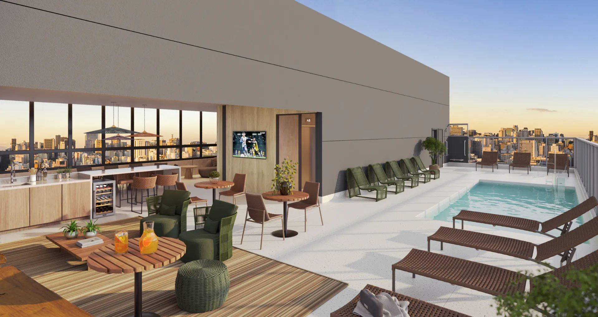 Perspectiva ilustrada do Pool Bar do Sarutaiá 45 Jardins, com piscina, lounge e vista urbana ao entardecer