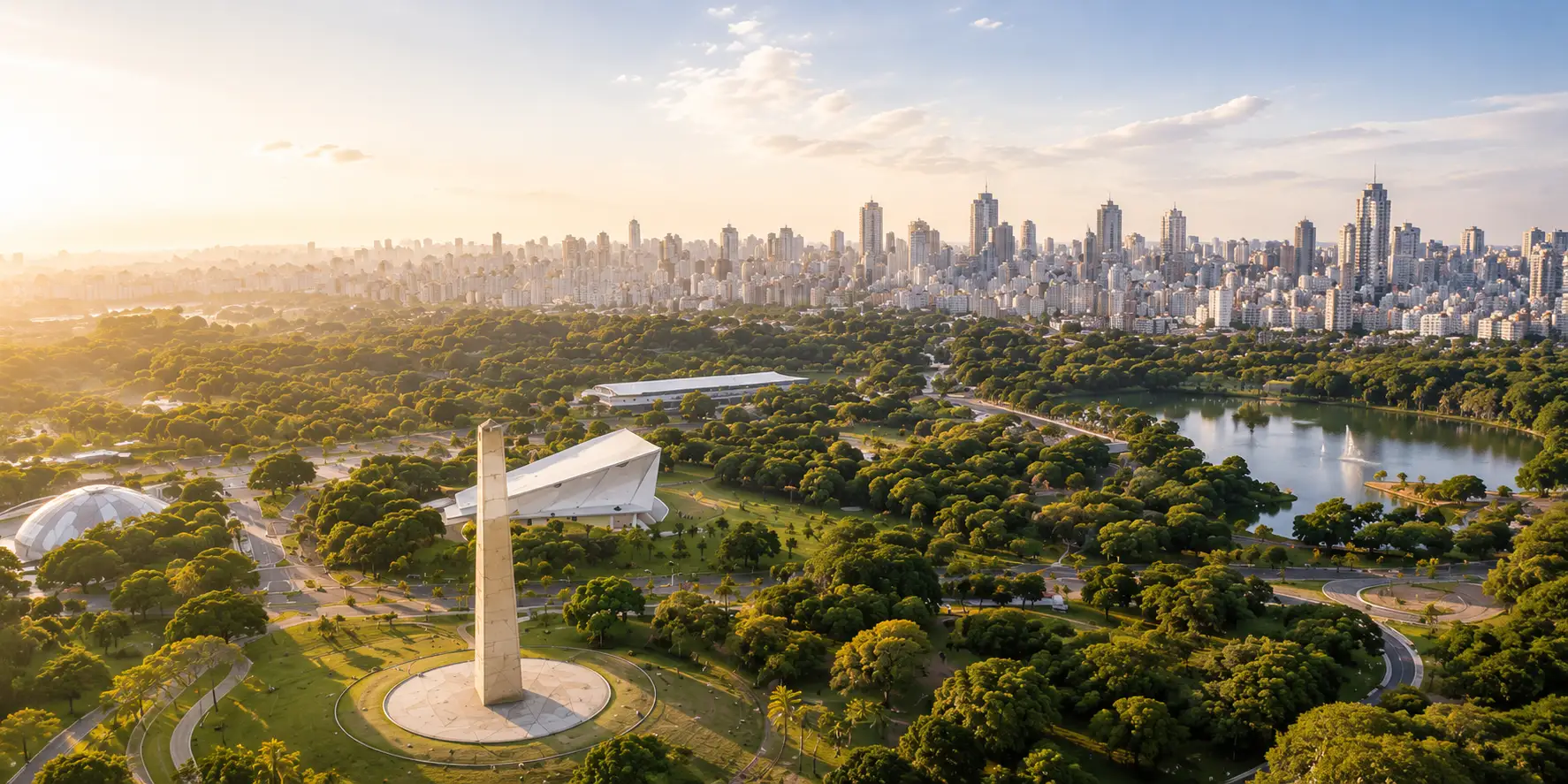 Vista aérea do Parque Ibirapuera e do skyline de São Paulo próximo ao Le Six Ibirapuera