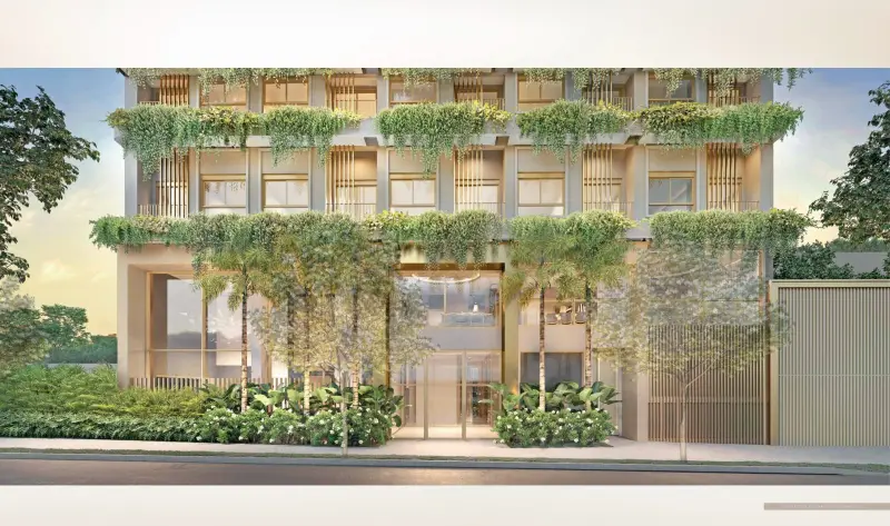 Zen Apartments Cyrela — embasamento visto da rua, perspectiva ilustrada