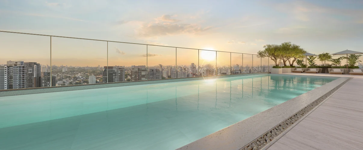Perspectiva ilustrada da piscina descoberta do Zen Apartments, da Cyrela, no Ibirapuera