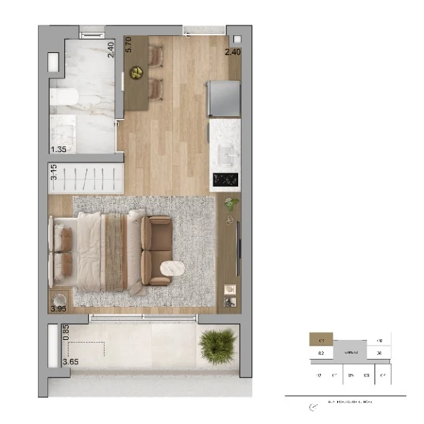 Planta de 30,30 m², studio integrado, final 1, do Zen Apartments