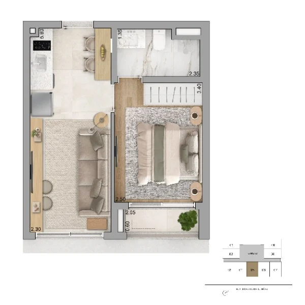 Planta de 31,40 m², 1 dormitório separado, final 5, do Zen Apartments